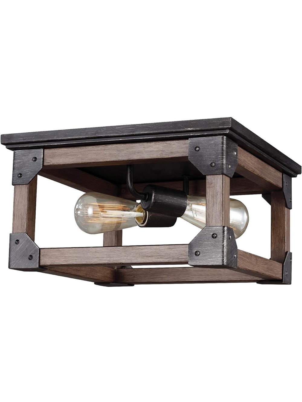 Rustic Wood and Metal Flush Mount Ceiling Light - Brown